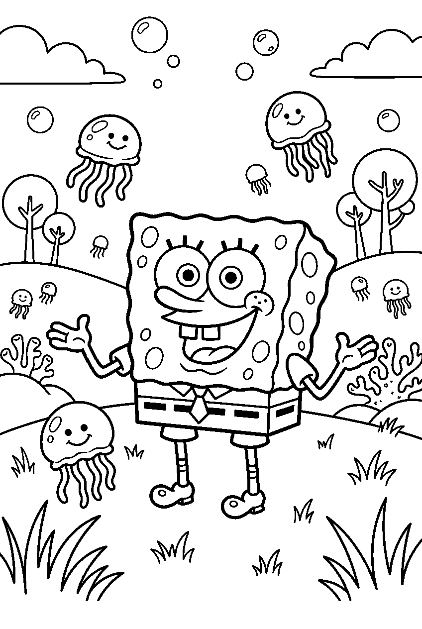 spongebob smiling in jellyfish fields line art