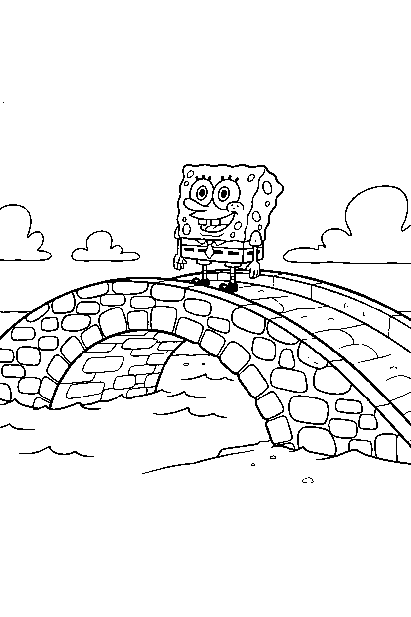 spongebob smiling on stone bridge line art