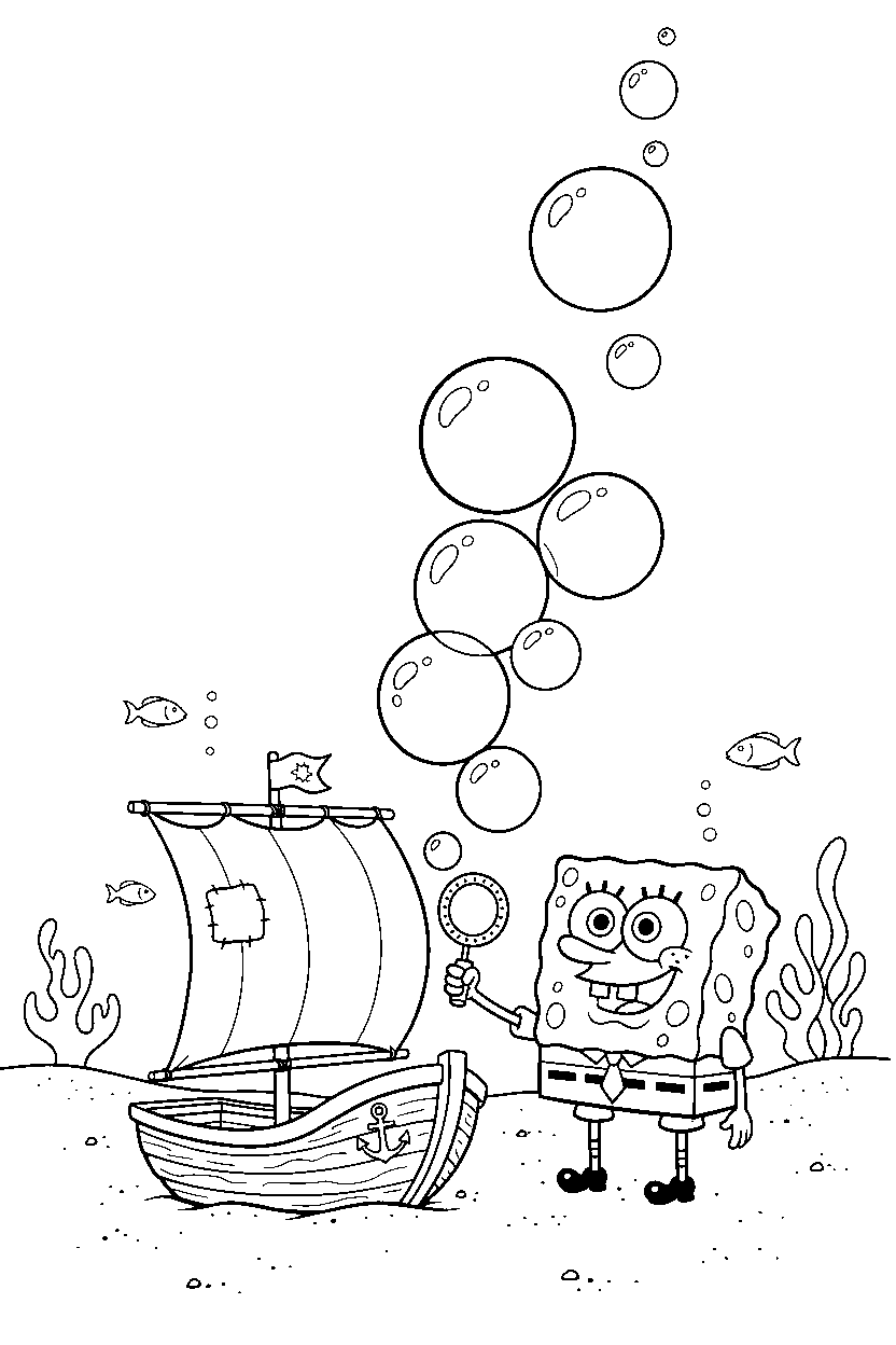 spongebob squarepants blowing bubbles near a small boat line art