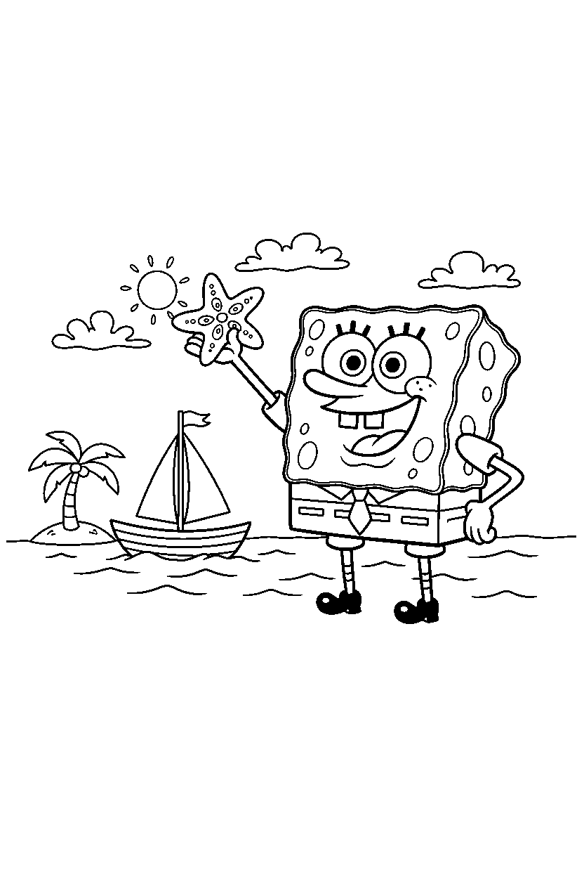 spongebob squarepants holding a star near a small boat line art