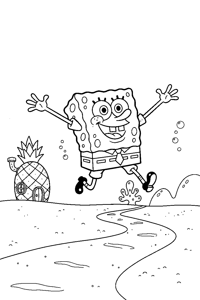 spongebob squarepants jumping near a sandy road line art