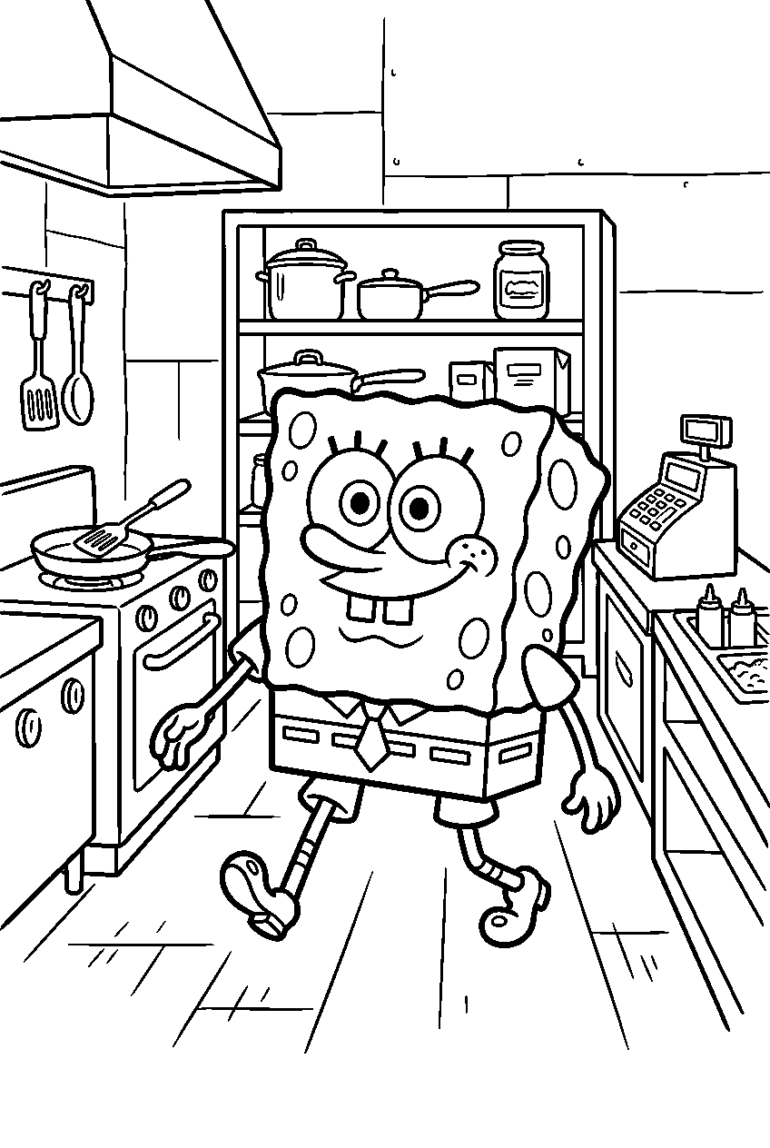 spongebob walking slowly inside krusty krab kitchen line art