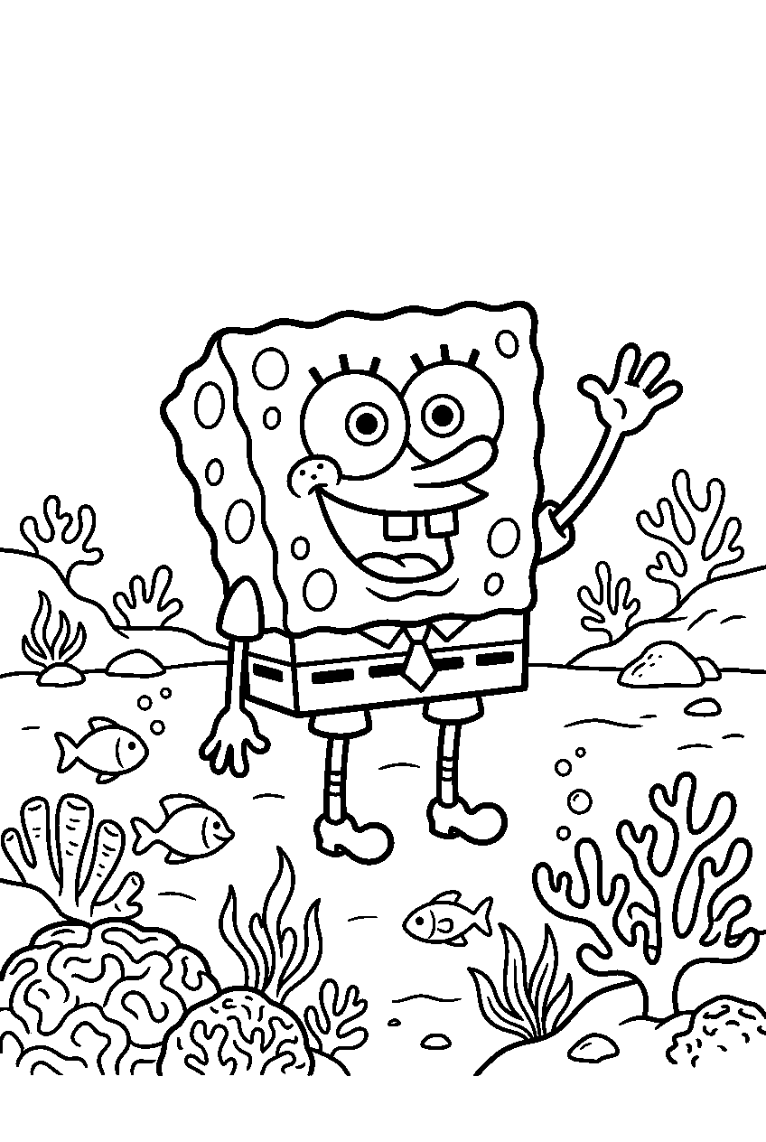 spongebob waving at coral reef line art