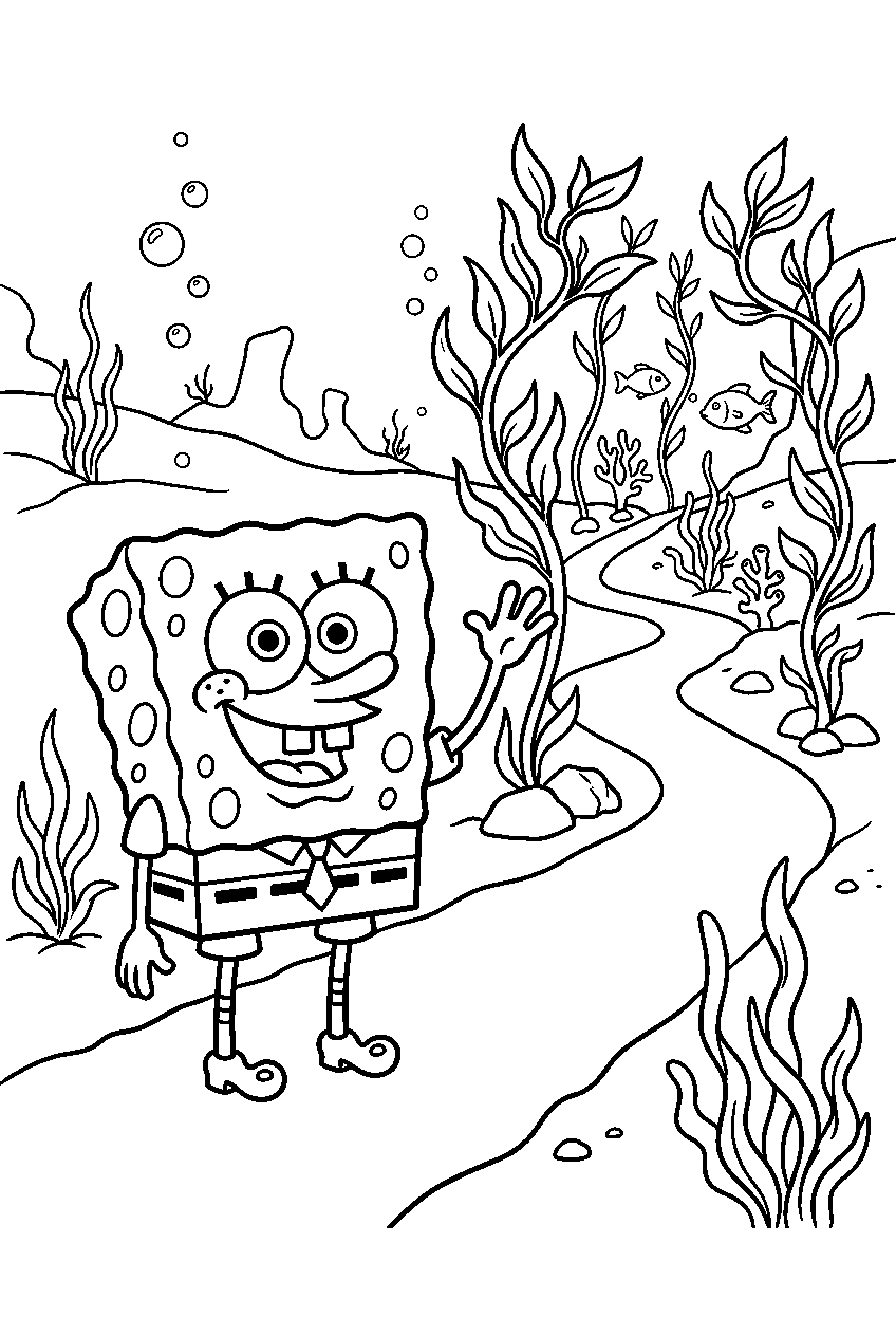 spongebob waving at kelp forest trail line art