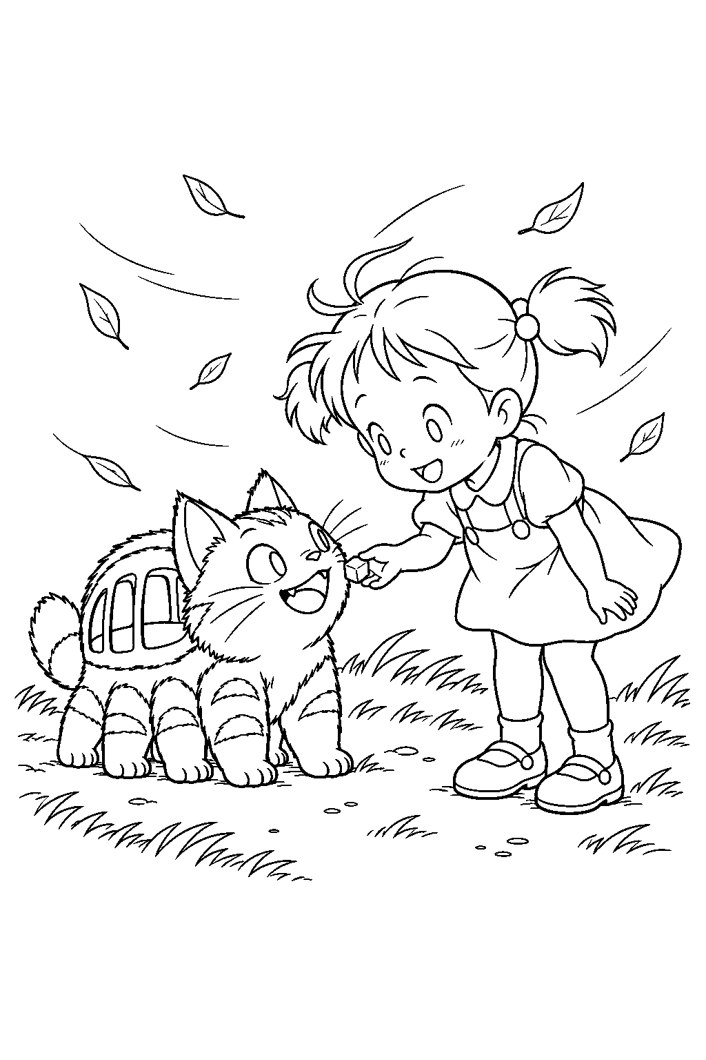 baby catbus accepting a caramel from mei on a windy day line art