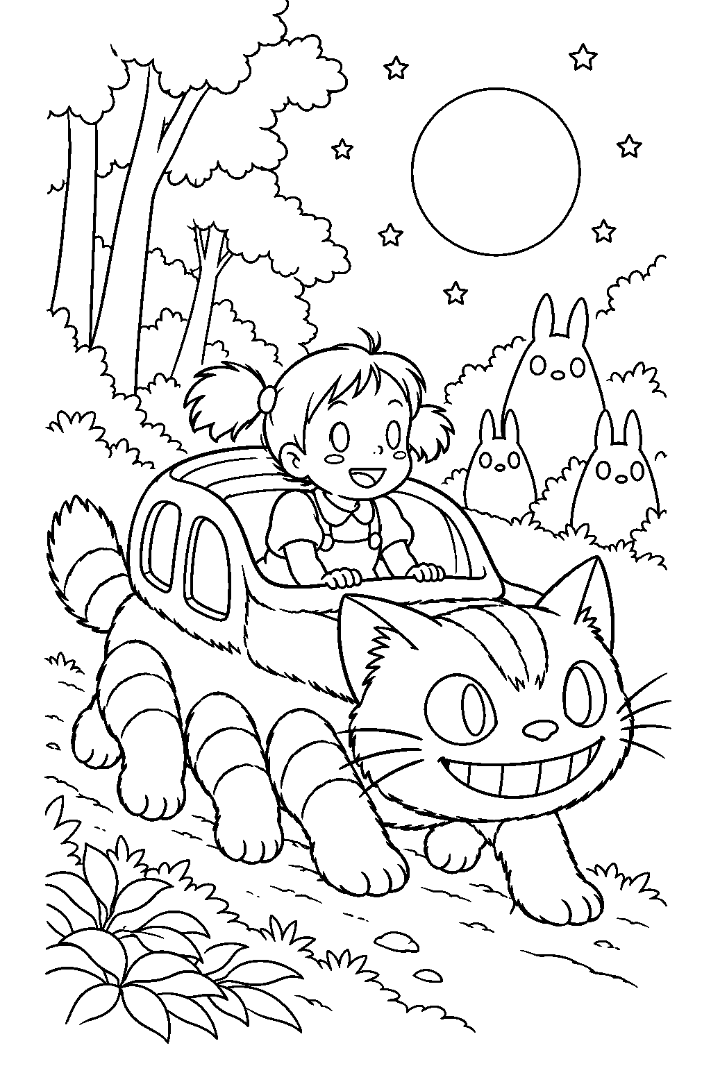 baby catbus carrying mei toward the midnight forest of spirits line art