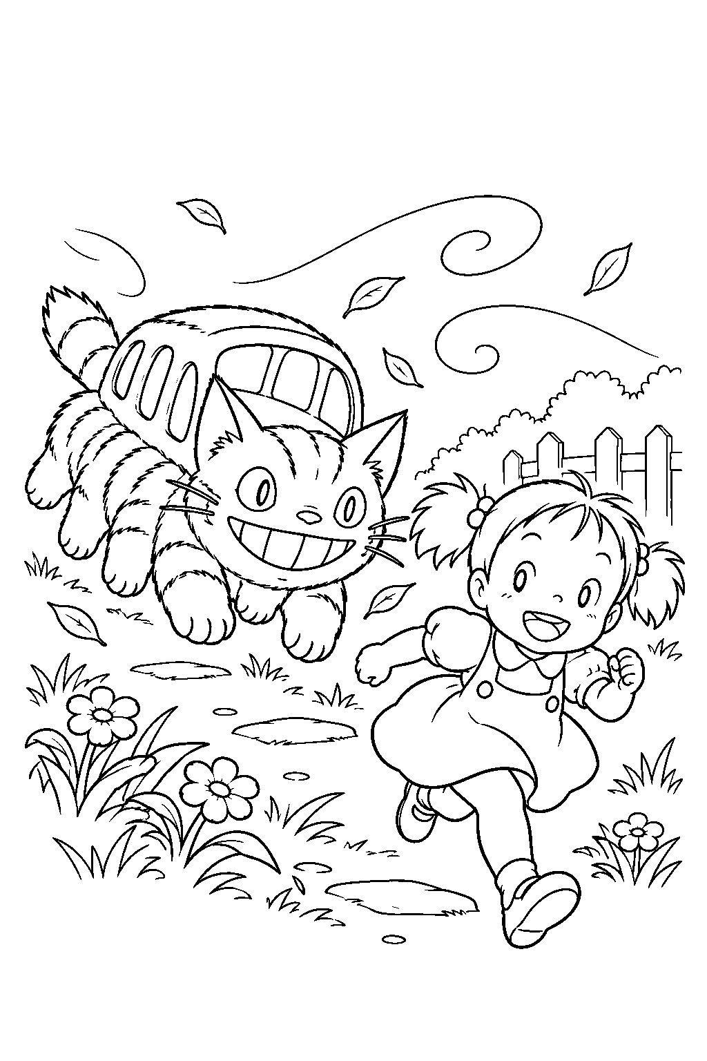 baby catbus chasing mei through the garden in a swirling gust of wind line art