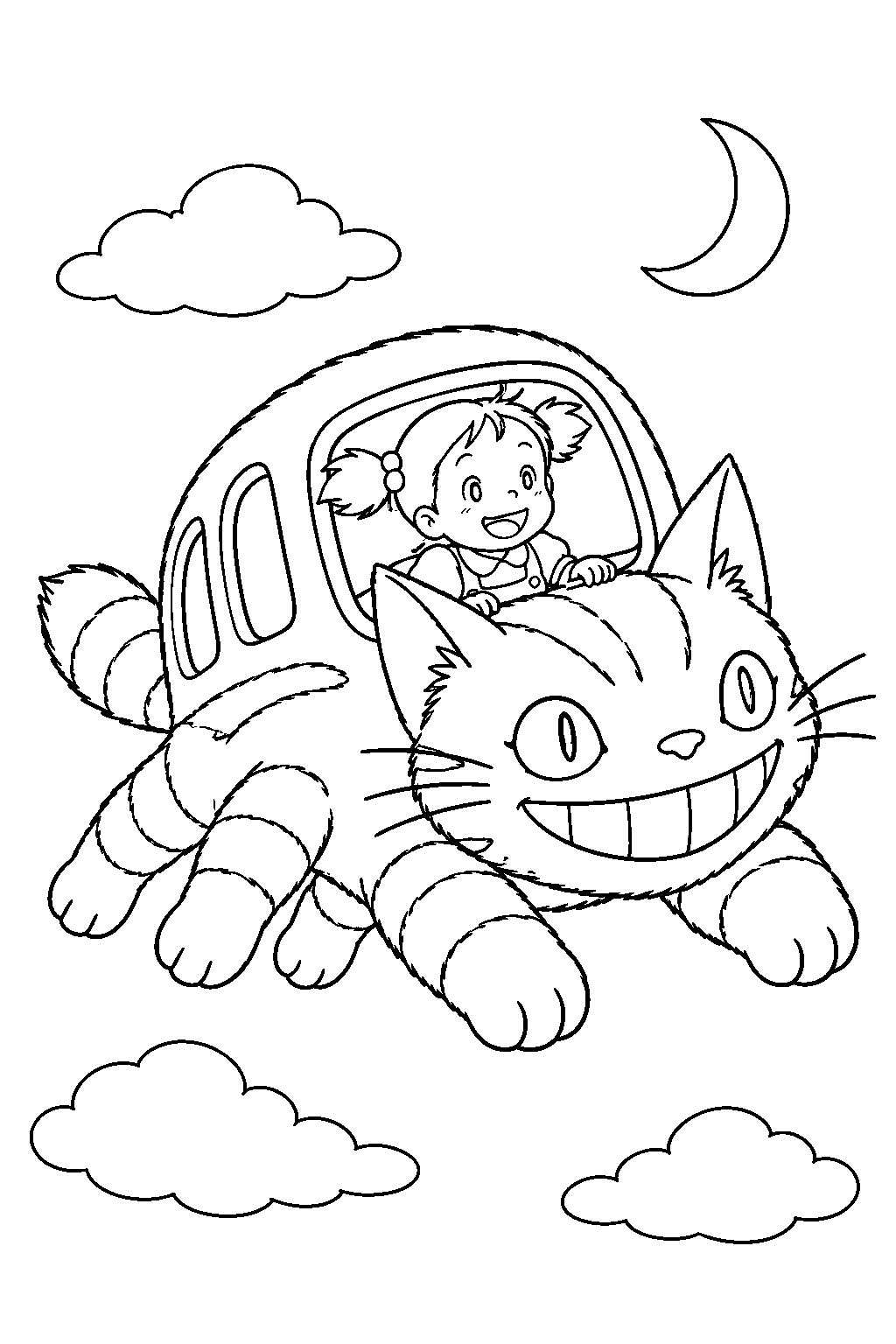 baby catbus leaping into the night sky with mei riding inside line art