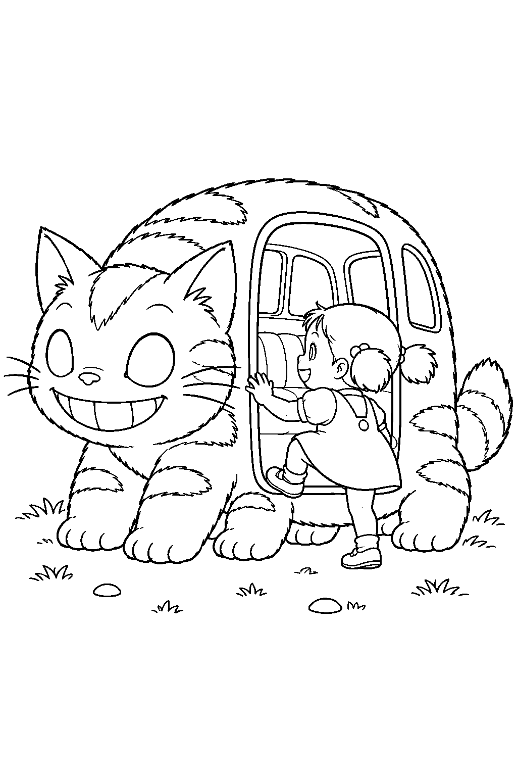 baby catbus opening its tiny passenger entrance for mei line art