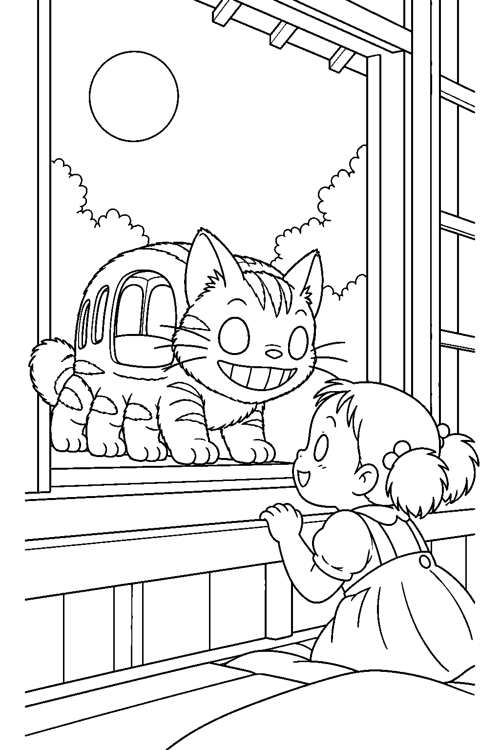 baby catbus visiting mei at the kusakabe house at night line art