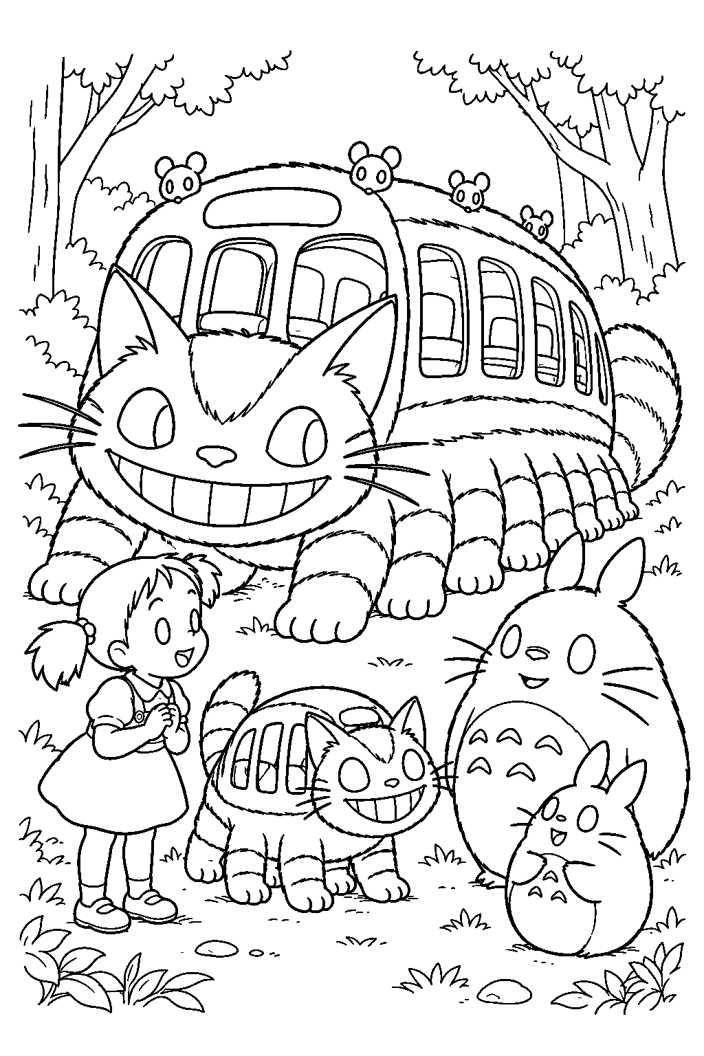 catbus and baby catbus beside mei as she meets the spirits in the midnight forest line art