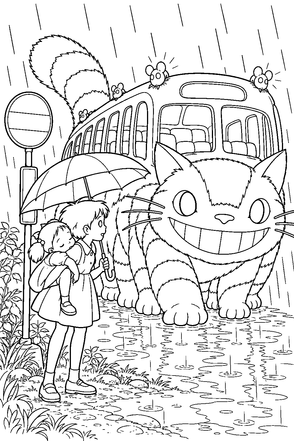 catbus arriving at the rainy bus stop where satsuki carries sleeping mei line art