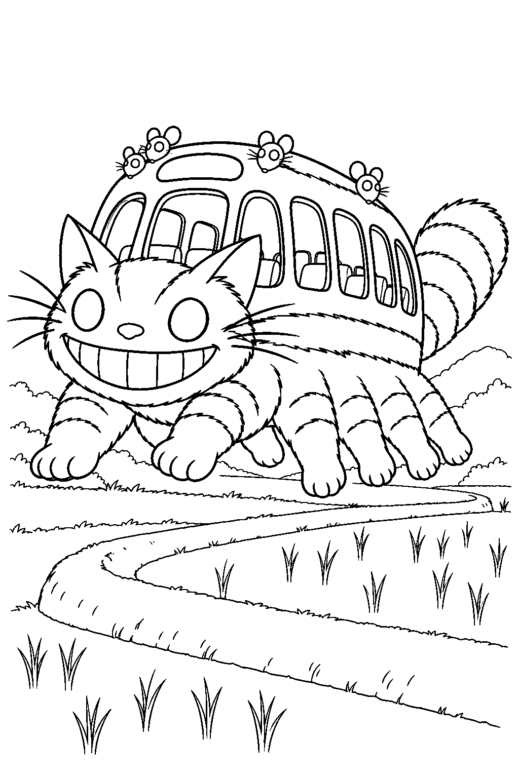 catbus bounding across terraced rice fields line art