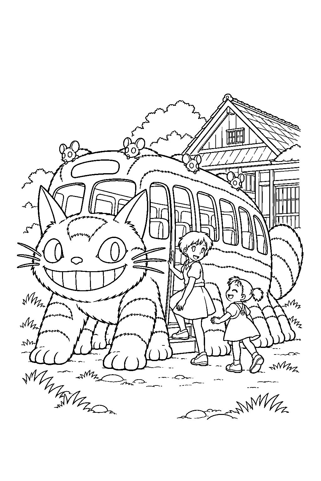 catbus bringing satsuki and mei home to the kusakabe farmhouse line art
