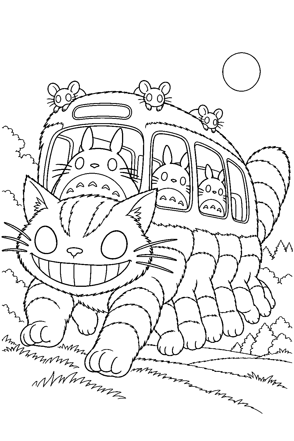 catbus carrying forest spirits to the midnight gathering line art