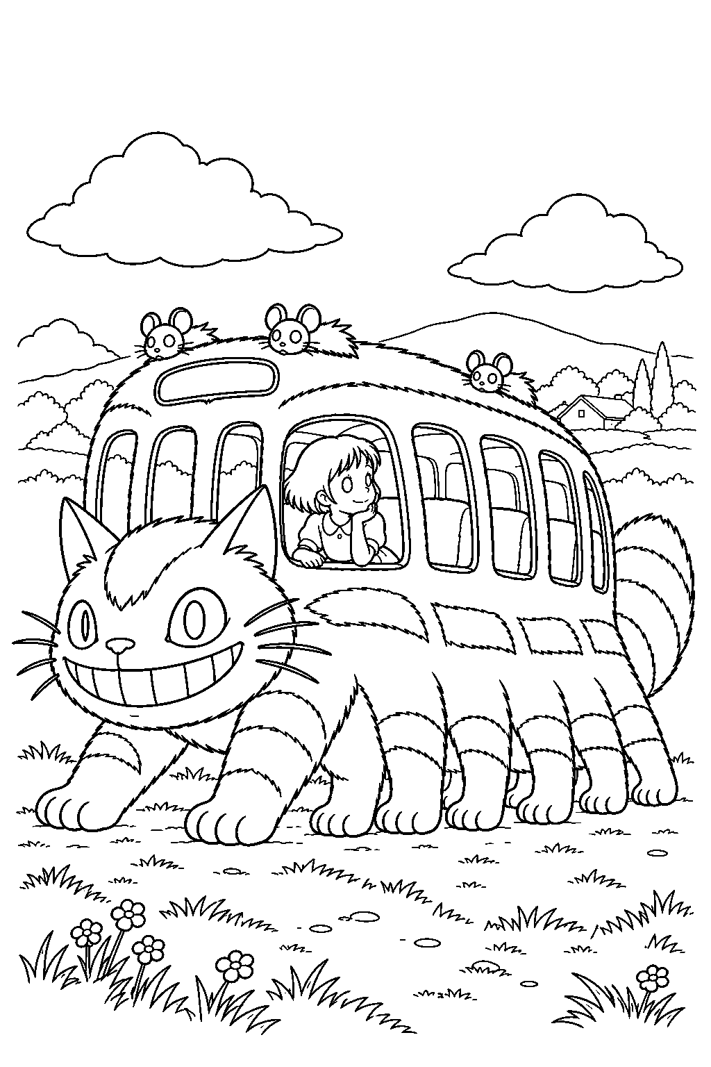 catbus carrying satsuki through the countryside as she looks out from a fluffy passenger seat line art