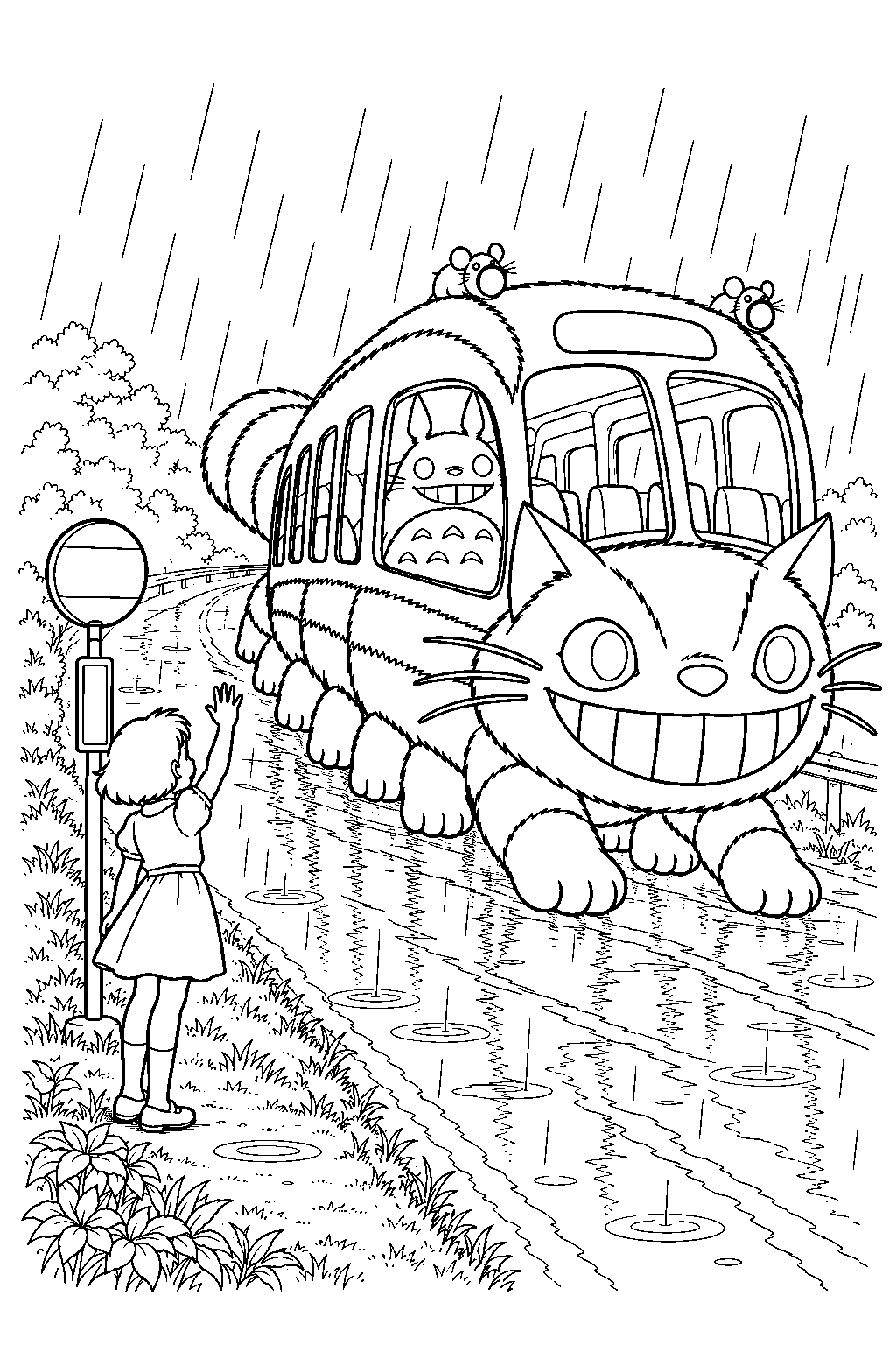 catbus carrying totoro away as satsuki waves from the rainy bus stop line art