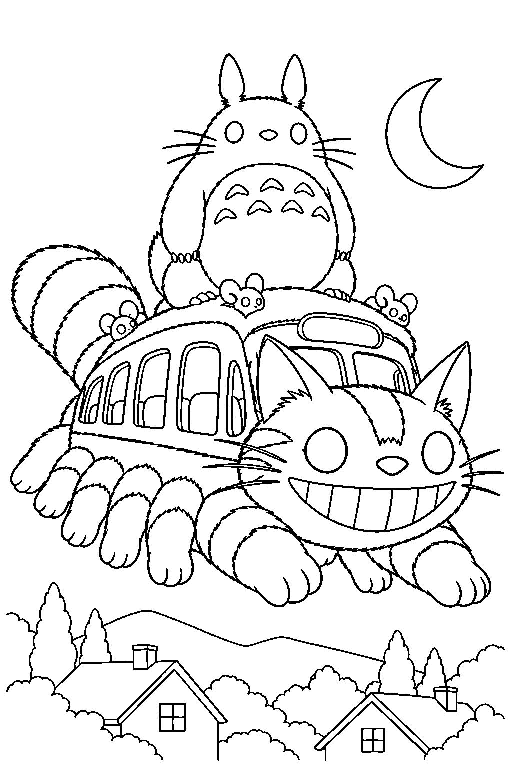 catbus carrying totoro on its roof above the moonlit village line art