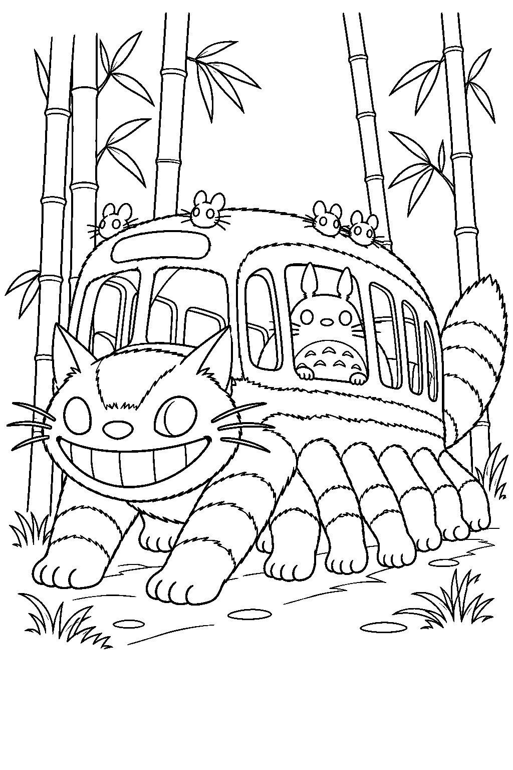 catbus carrying totoro through a bamboo grove line art