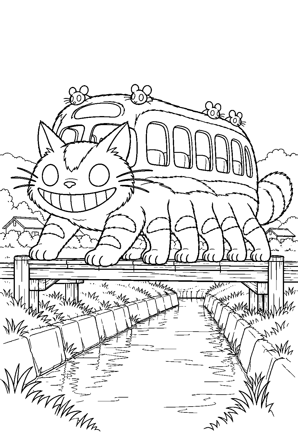 catbus crossing a wooden footbridge over an irrigation canal line art