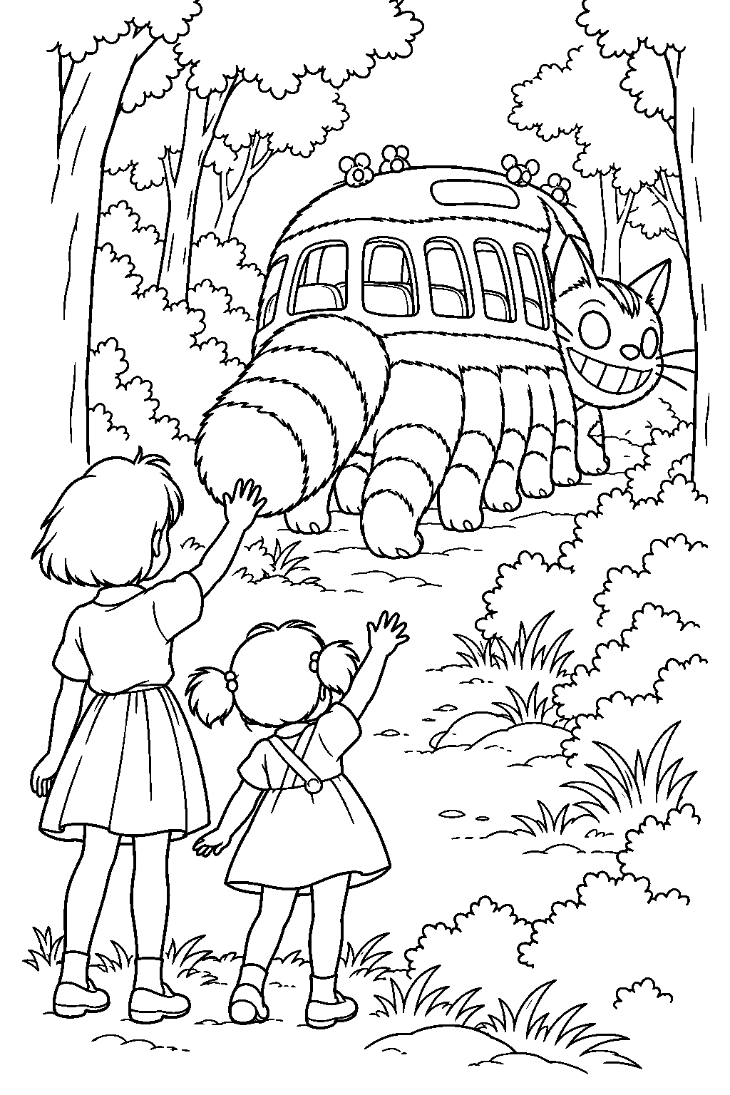 catbus disappearing between the forest trees as satsuki and mei wave goodbye line art