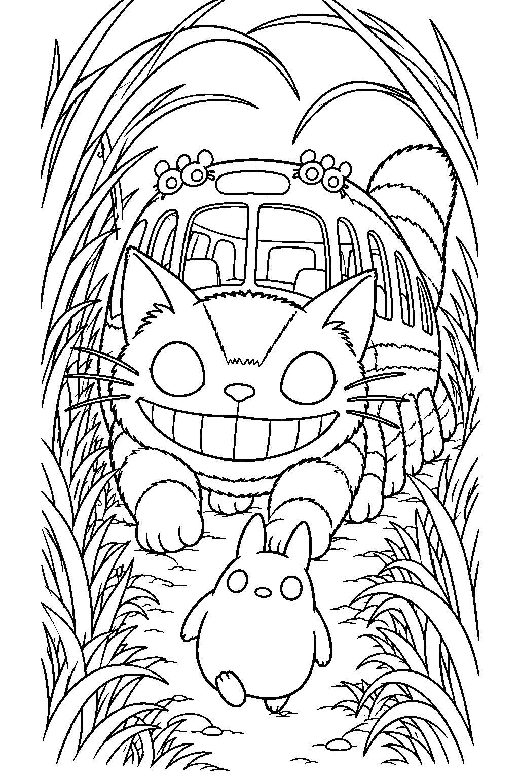 catbus following chibi totoro through a tunnel of tall grass line art