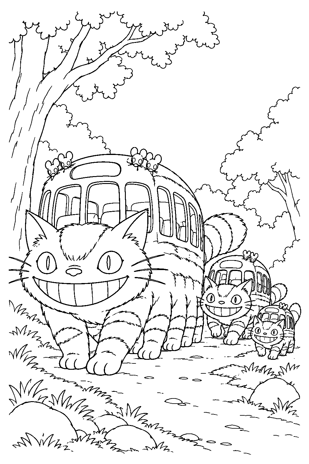 catbus joining a procession of large and small cat buses beneath the trees line art