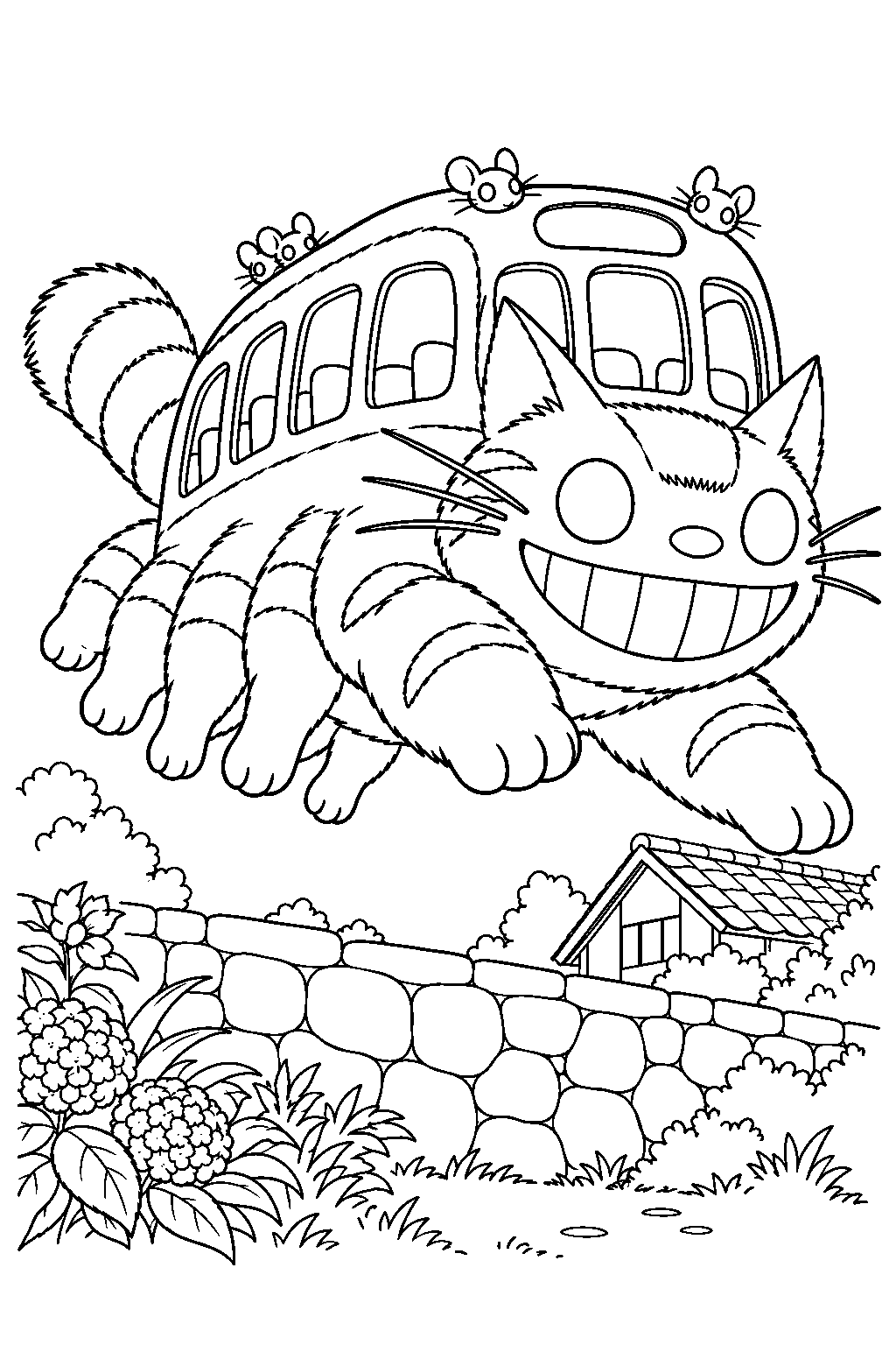 catbus jumping over a village garden wall line art