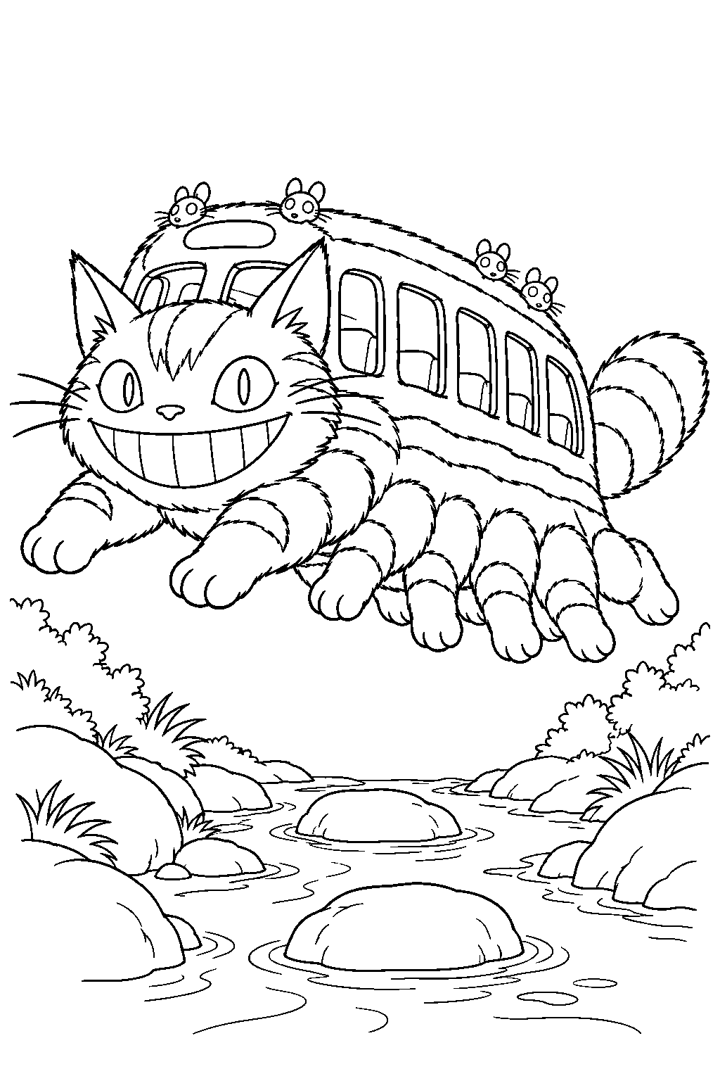 catbus leaping across a rocky forest stream line art