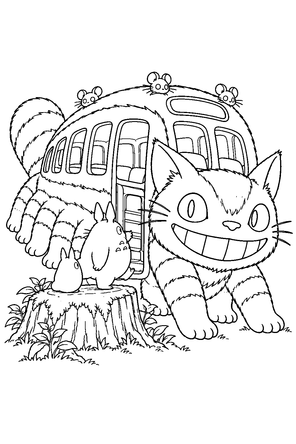 catbus letting chu totoro and chibi totoro board from a mossy tree stump line art