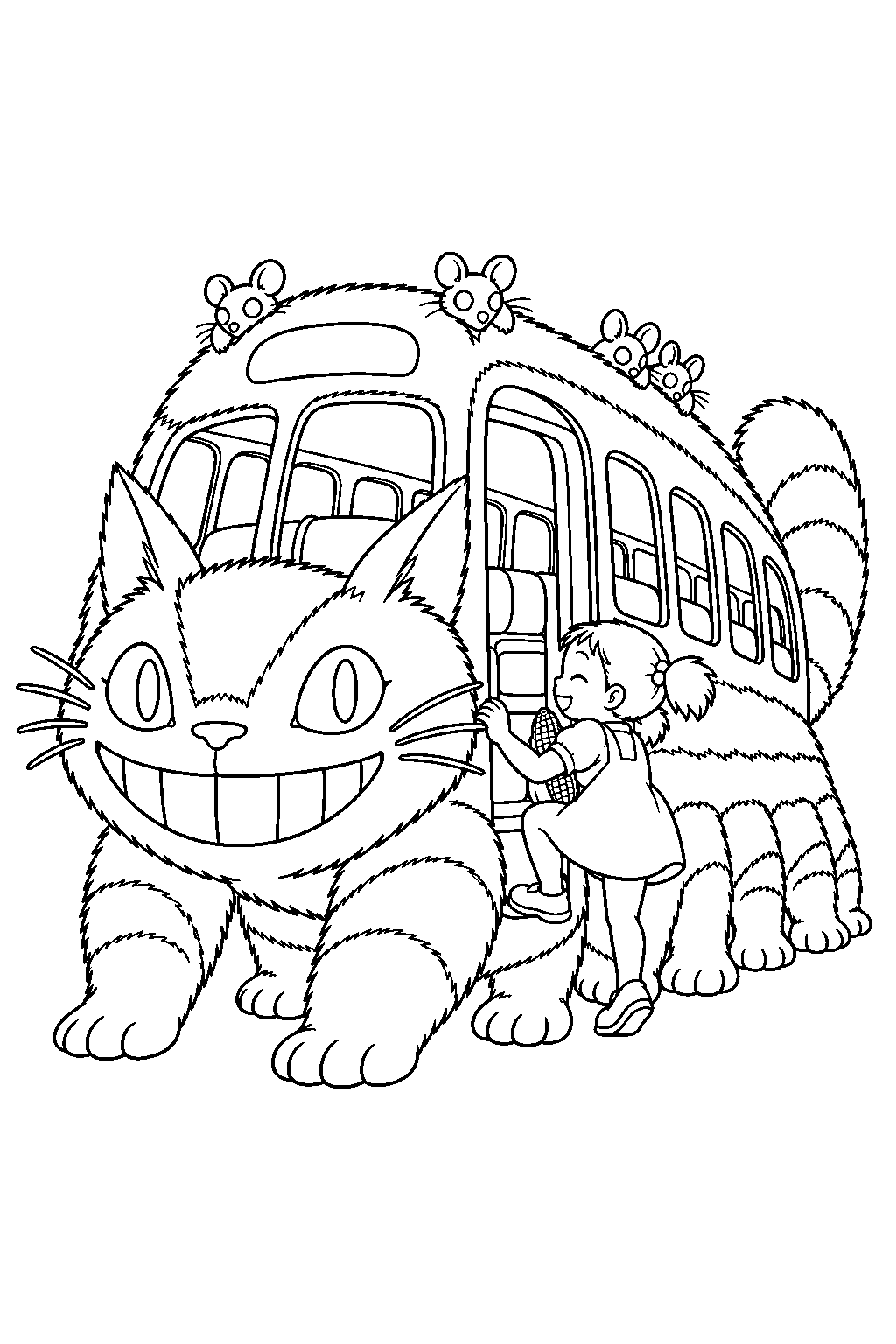 catbus letting mei climb aboard with the ear of corn for her mother line art