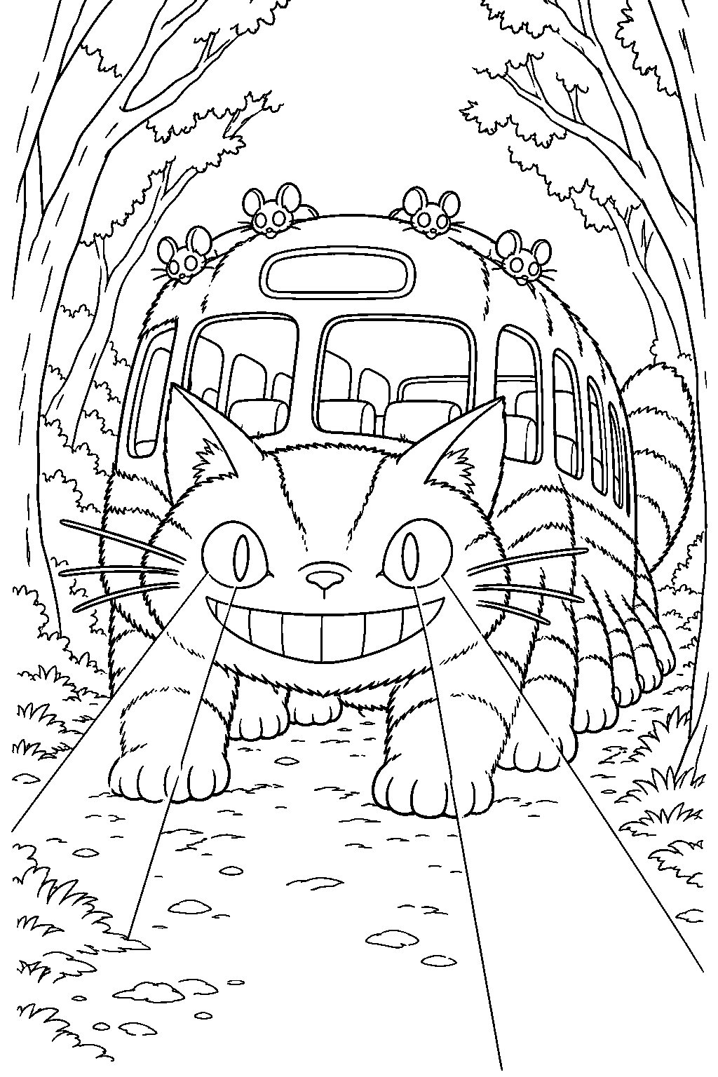 catbus lighting a dark tunnel of trees with its eyes and mouse lamps line art