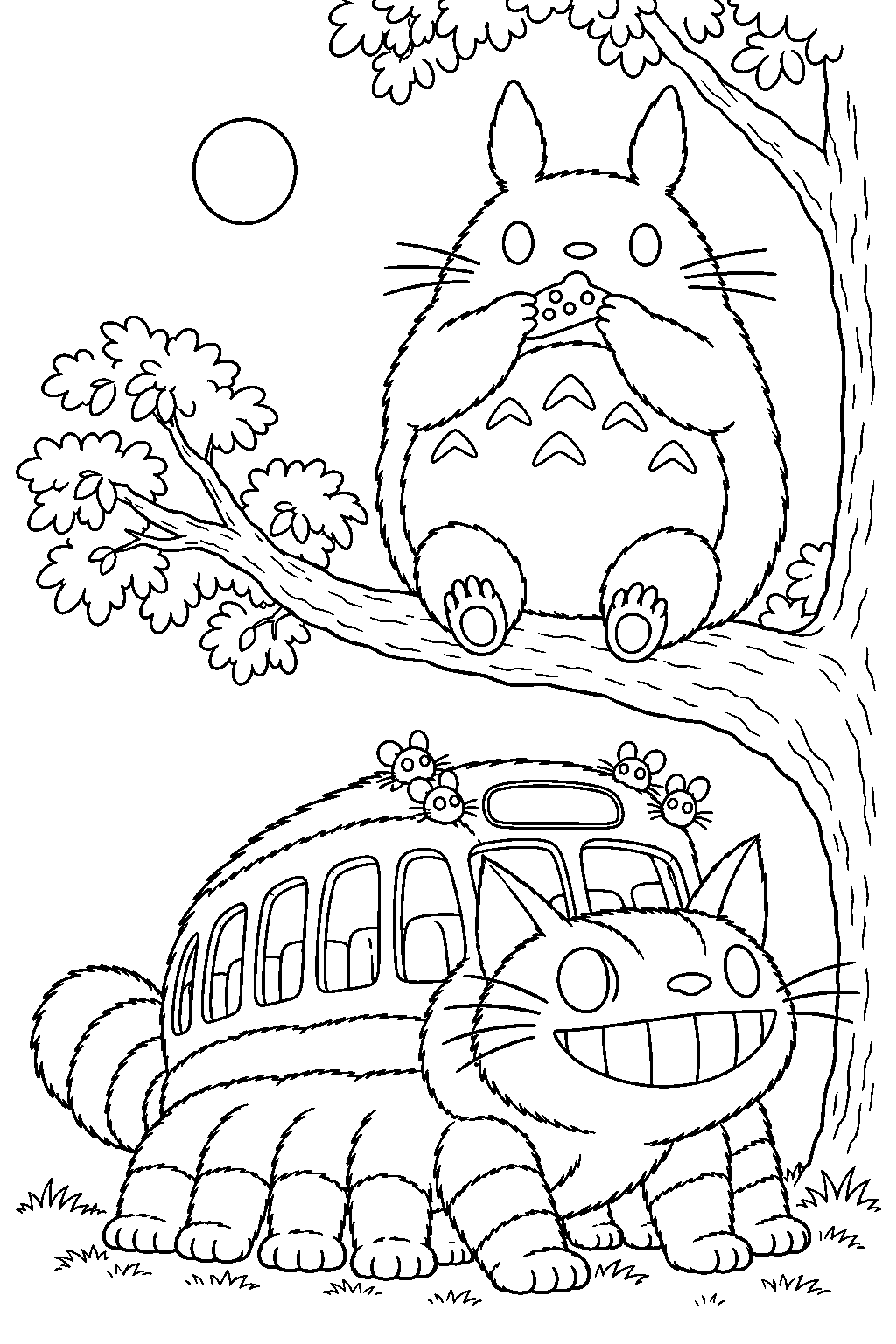 catbus listening to totoro play the ocarina on a moonlit tree branch line art