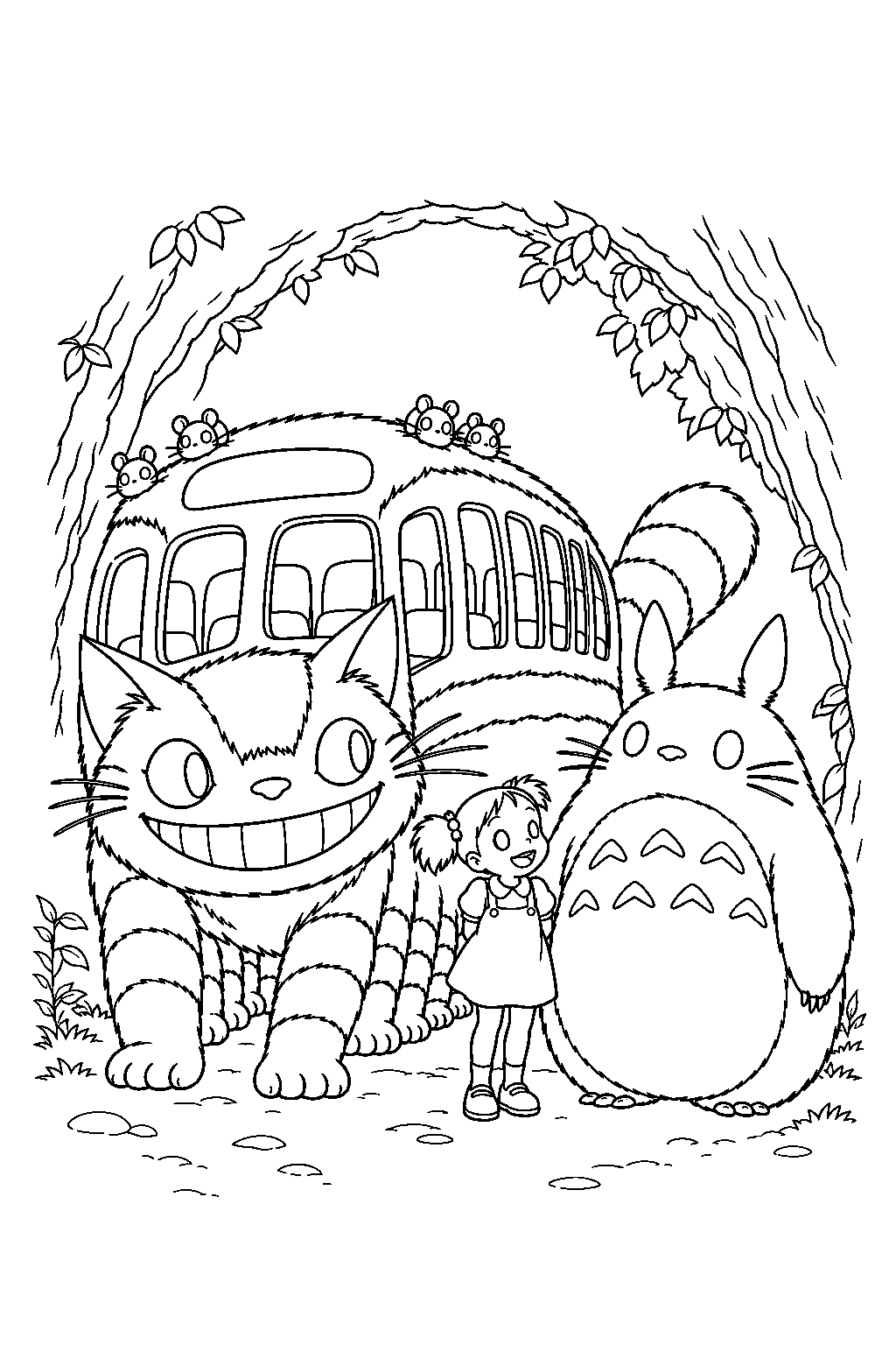 catbus meeting mei and totoro at the leafy forest tunnel entrance line art