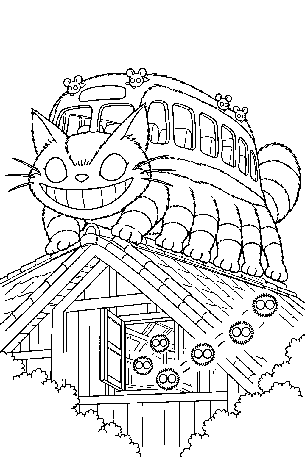 catbus on the kusakabe farmhouse roof as soot sprites float out of the attic line art