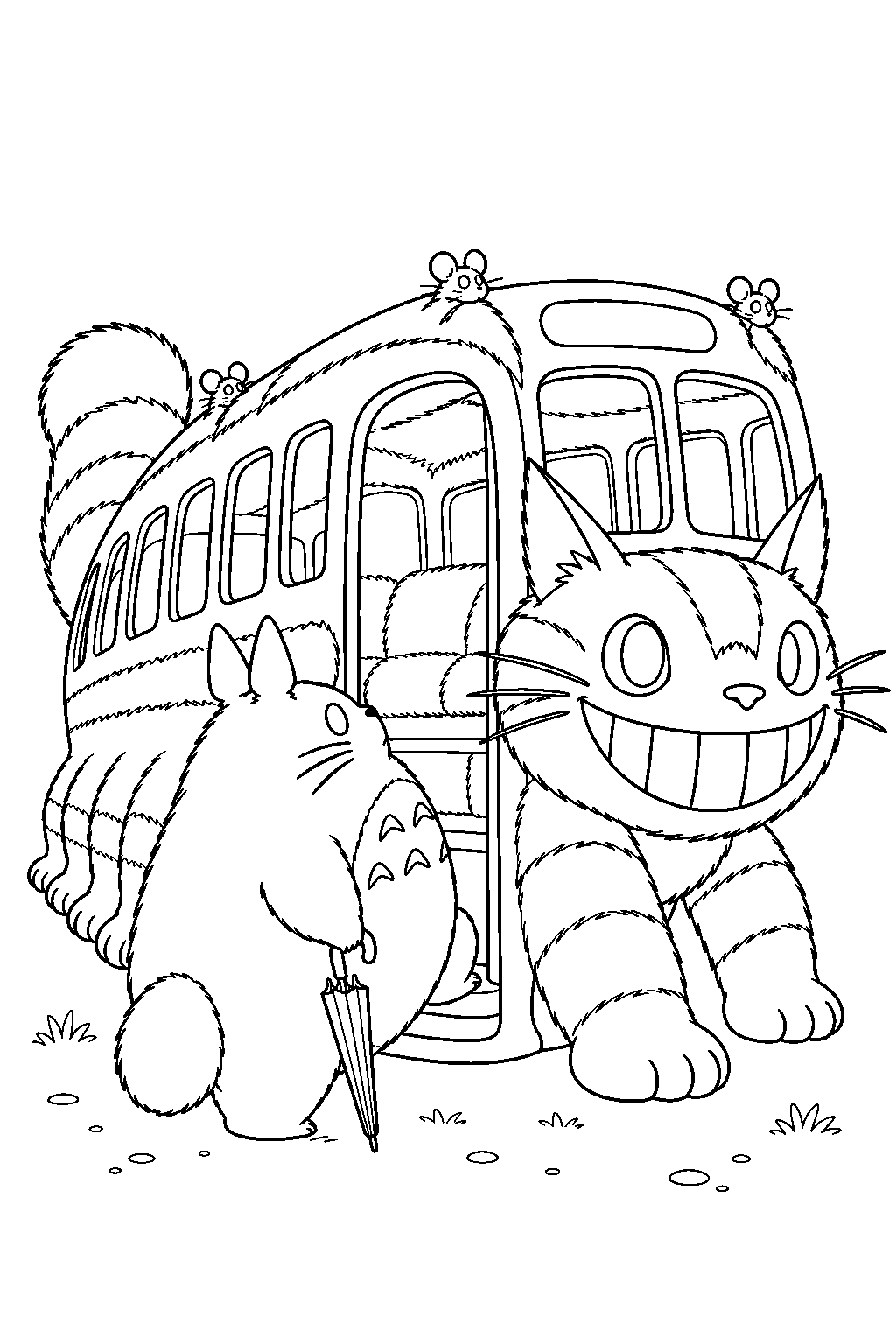 catbus opening its side entrance for totoro and his borrowed umbrella line art