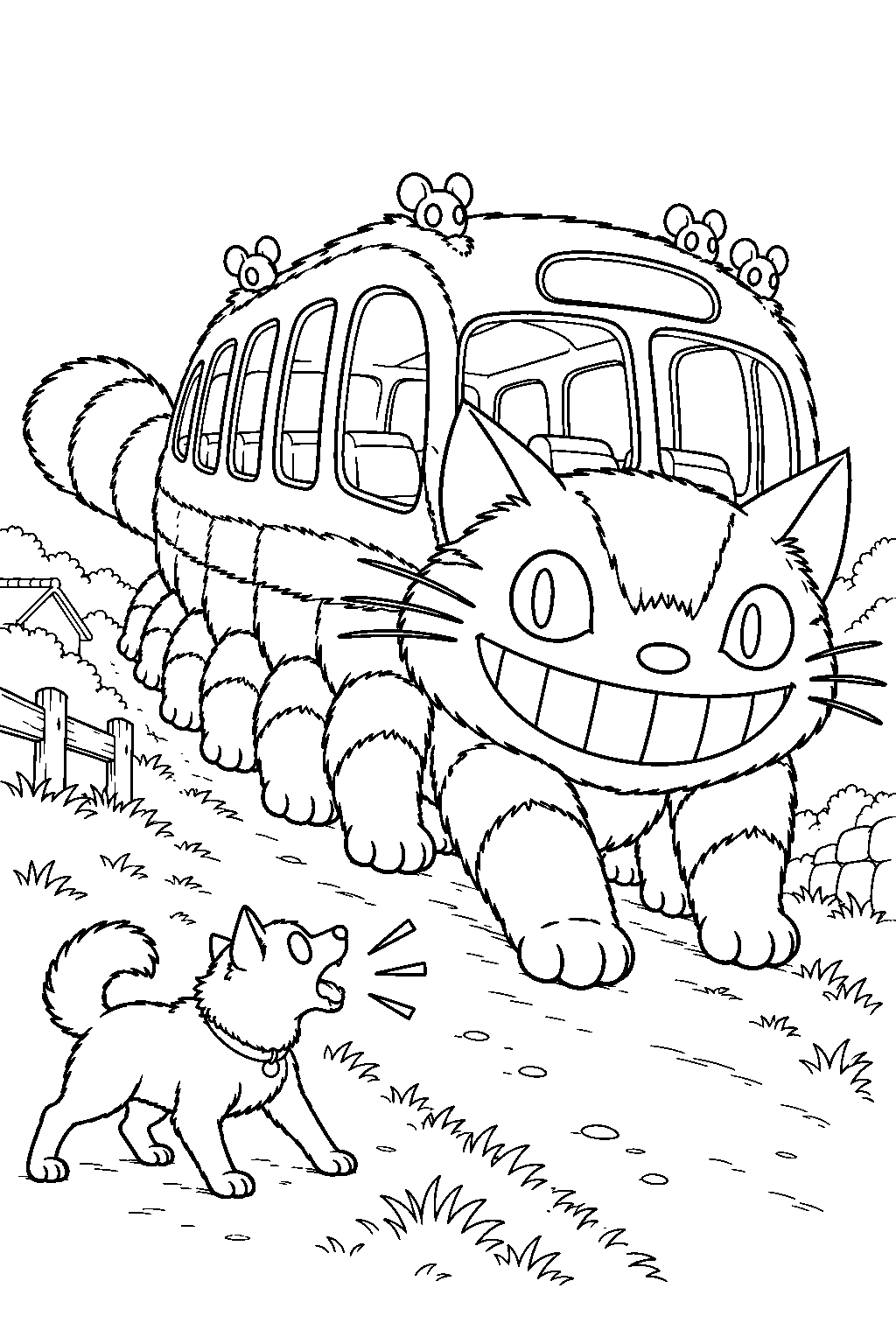 catbus passing a barking village dog that senses the invisible forest spirit line art