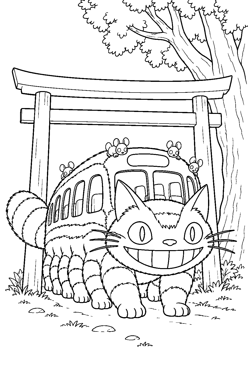 catbus passing beneath the torii gate beside the camphor tree line art