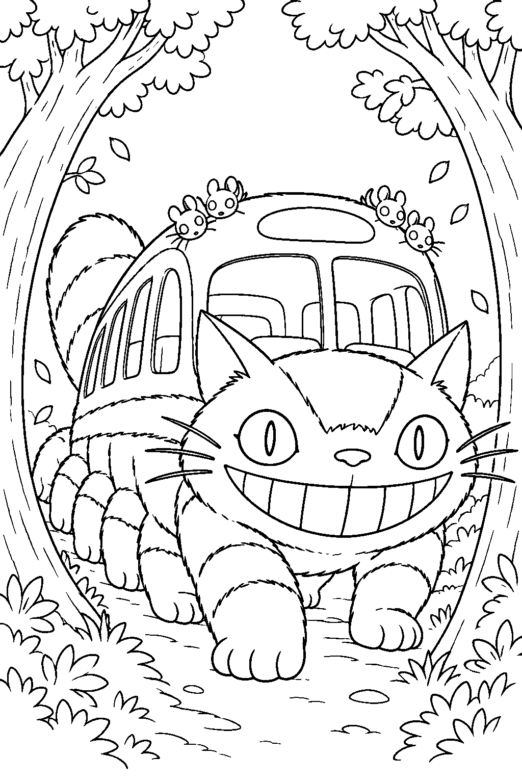 catbus passing through a forest as the trees bend aside line art