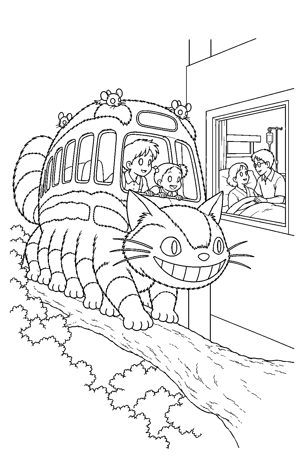 catbus perched outside the hospital window while the sisters watch their parents line art