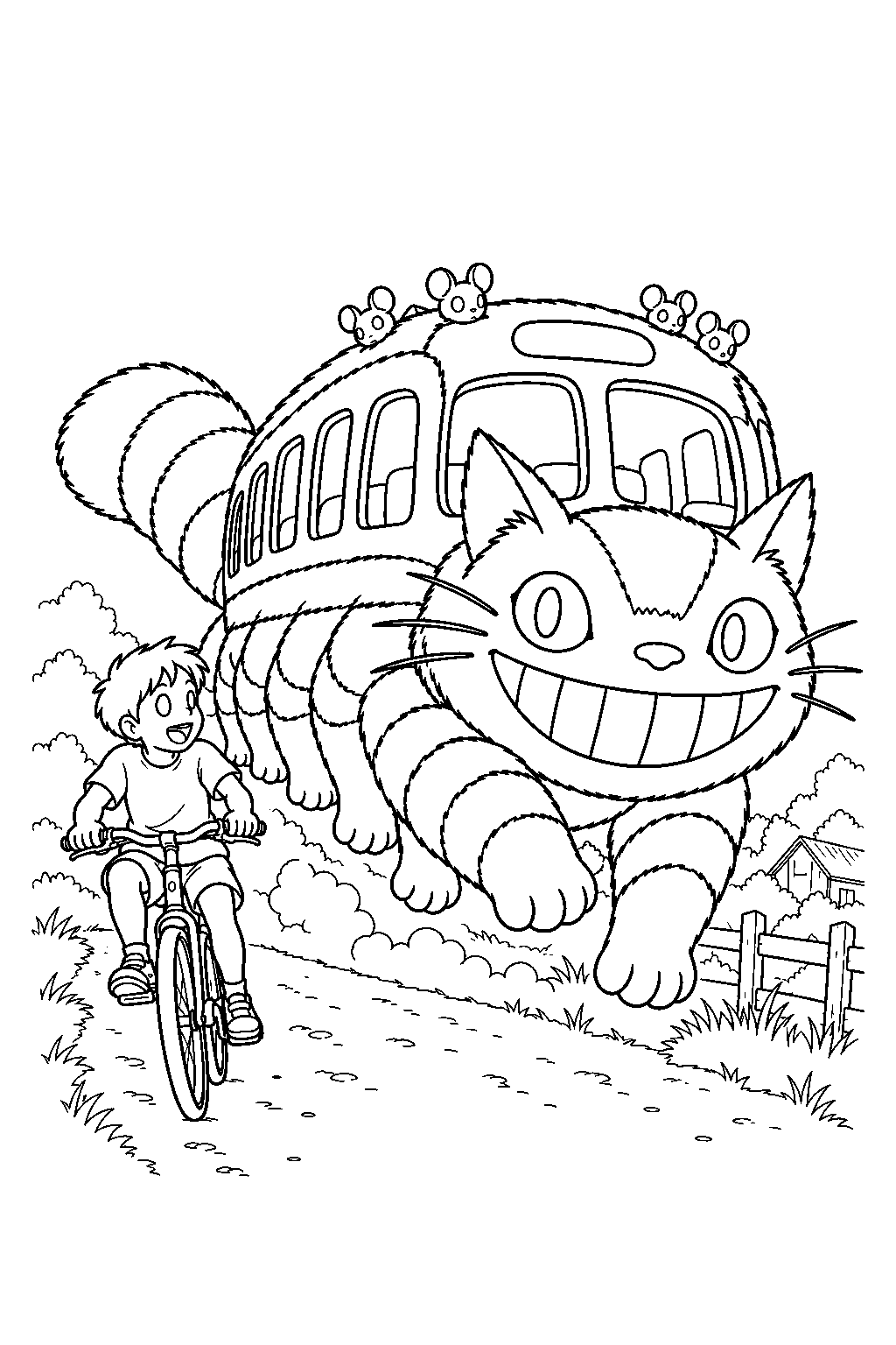 catbus racing past kanta on his bicycle along a country lane line art