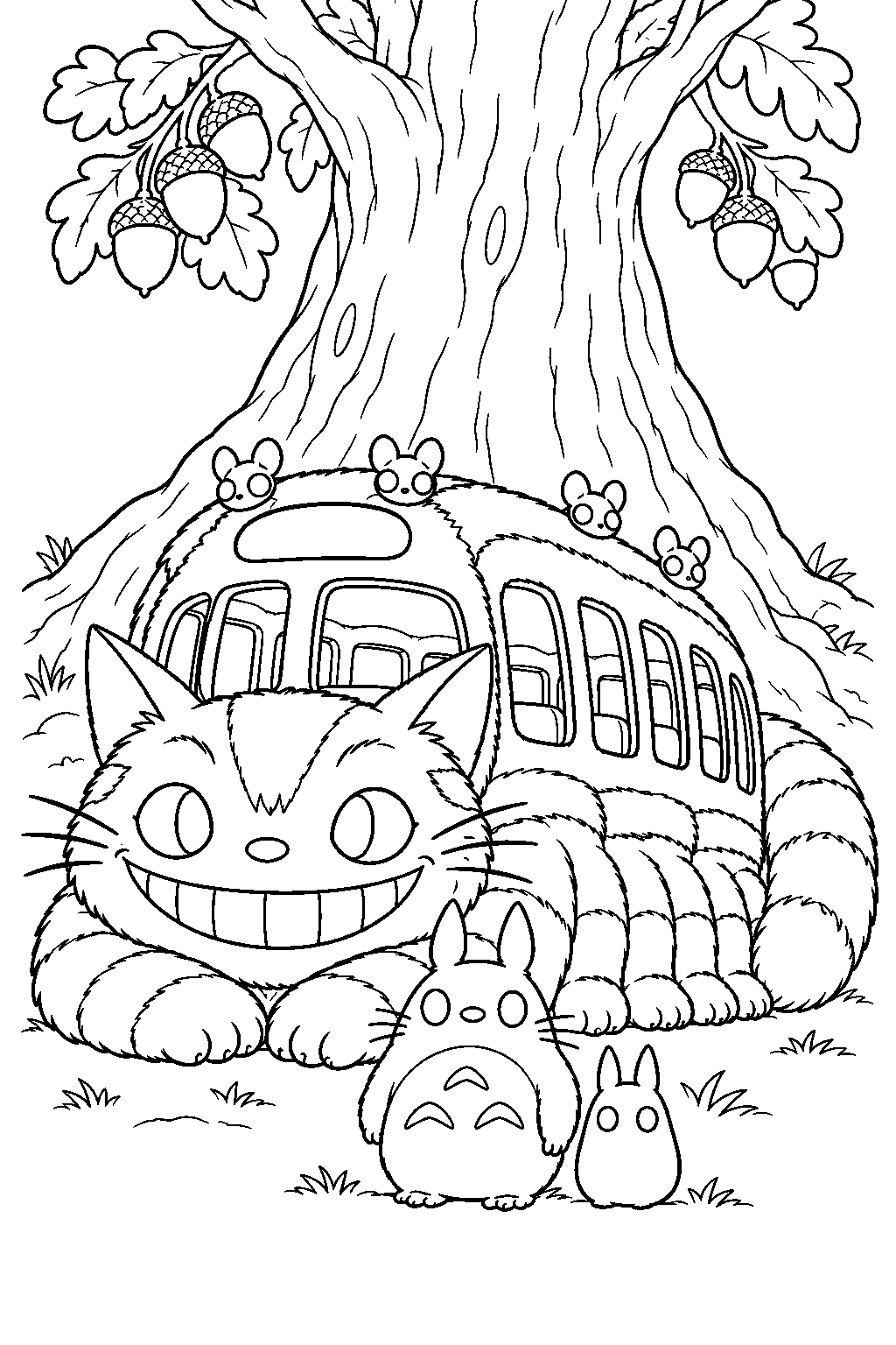 catbus resting beneath the giant acorn tree with chu totoro and chibi totoro line art
