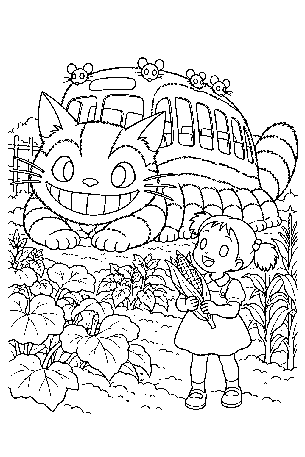 catbus resting beside granny s vegetable garden while mei holds fresh corn line art