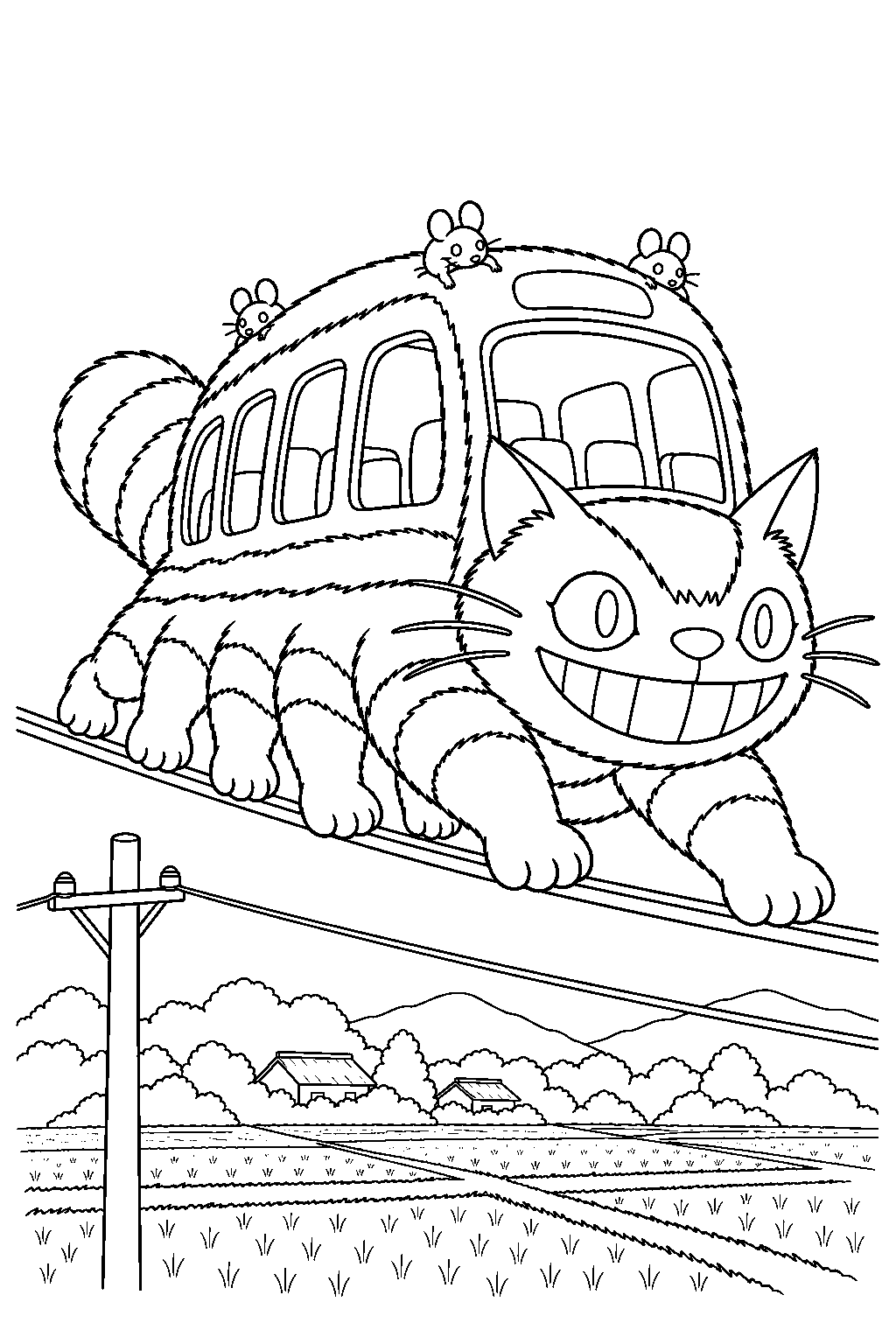 catbus running along power lines while searching for mei line art