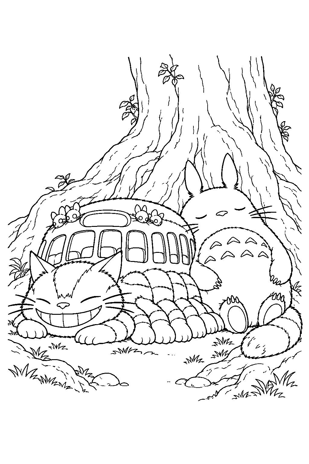 catbus sleeping beside totoro among the camphor tree roots line art