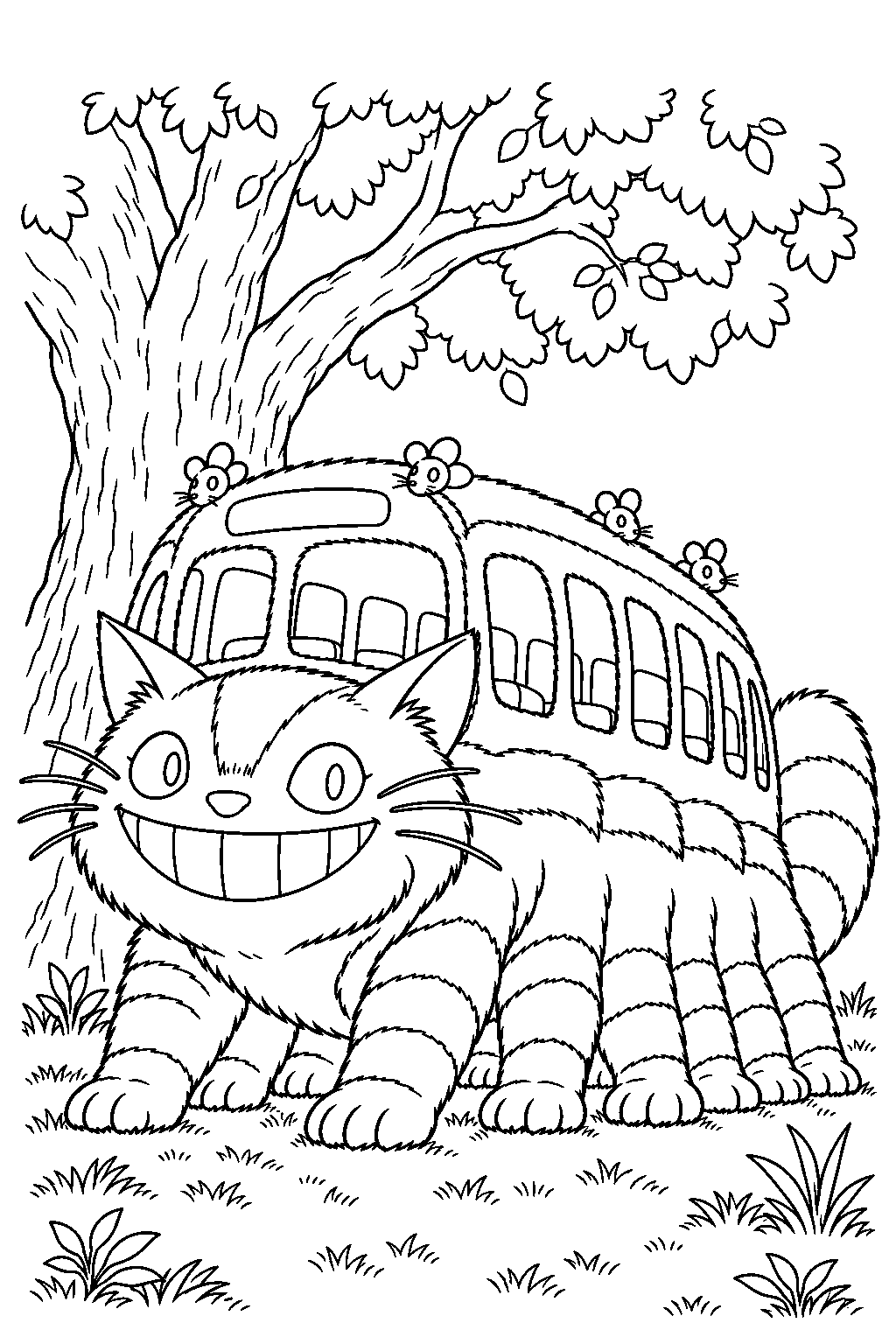 catbus smiling beneath a camphor tree with its mouse lamps and destination sign line art