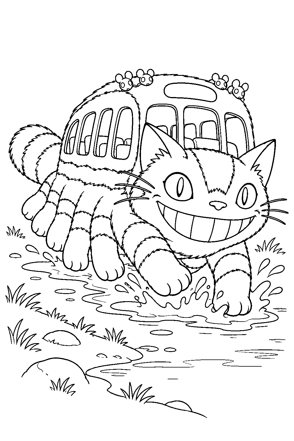 catbus splashing through puddles beside a pond line art
