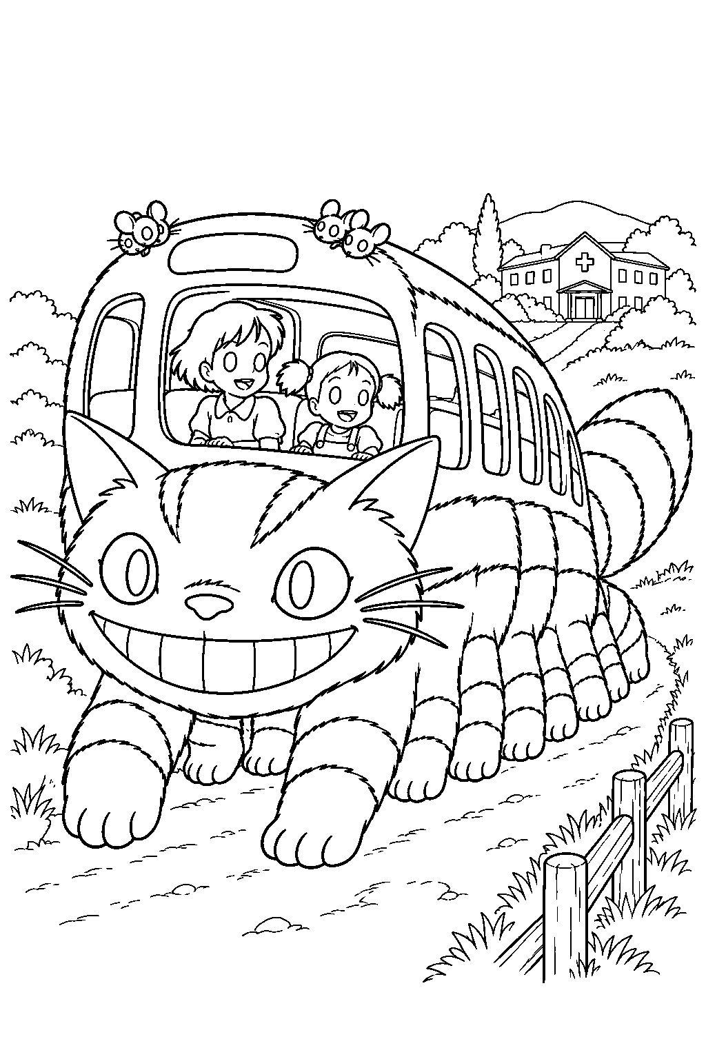 catbus taking satsuki and mei toward shichikokuyama hospital line art