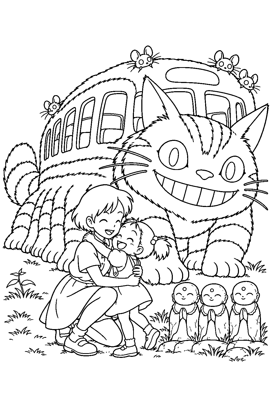 catbus waiting beside the jizo statues while satsuki and mei reunite line art