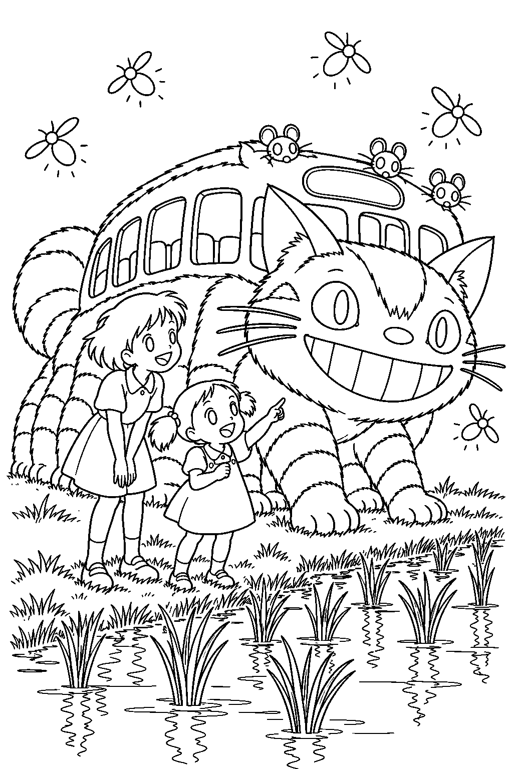 catbus watching fireflies with satsuki and mei beside the rice fields line art